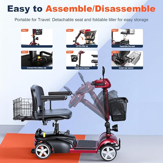 15/25/30/50Miles Eldryvon 4 Wheels Electric Mobility Scooter for Seniors, Dual Basket, 350W Powered Wheelchair with Rotating Seat, Mirrors, Foldable Motorized Scooter for Adults (Red, 15Miles)