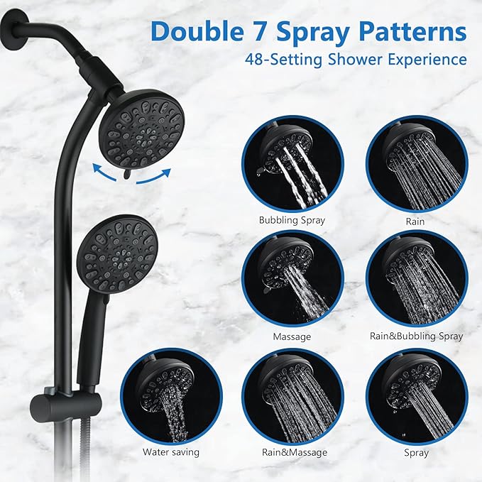 High Pressure 48-Settings Shower Head with Handheld Shower,Drill-Free 3-Way Diverter for Easy Reach,Adjustable Height Slide Bar Dual Shower Head Combo Set - Matte Black