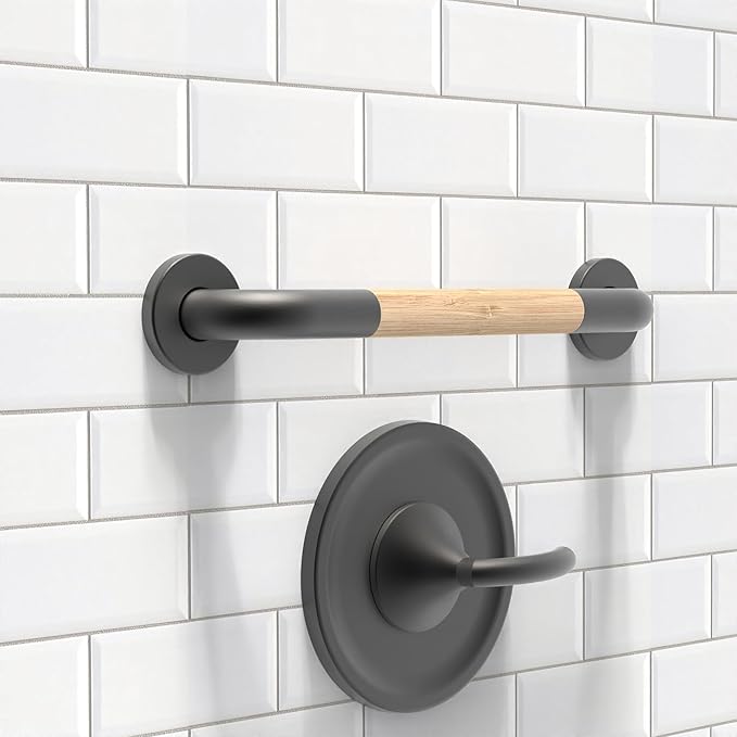 Safety Grab Bar for Bathroom & Toilet, Natural Bamboo Handle, ADA Compliant Balance Assist Handrail for Handicap and Seniors, 16in Matte Black