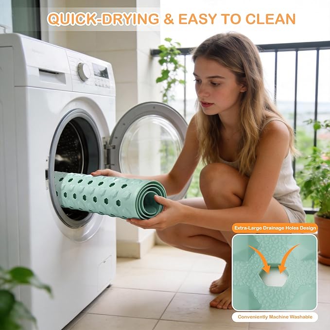 Yimobra Bath Tub Mat Non Slip, 34.5"x15.5" Long Shower Mat, Machine Washable Bathmat with Drain Holes and Suction Cups, Soft on Feet, Bathroom Essentials, Light Green