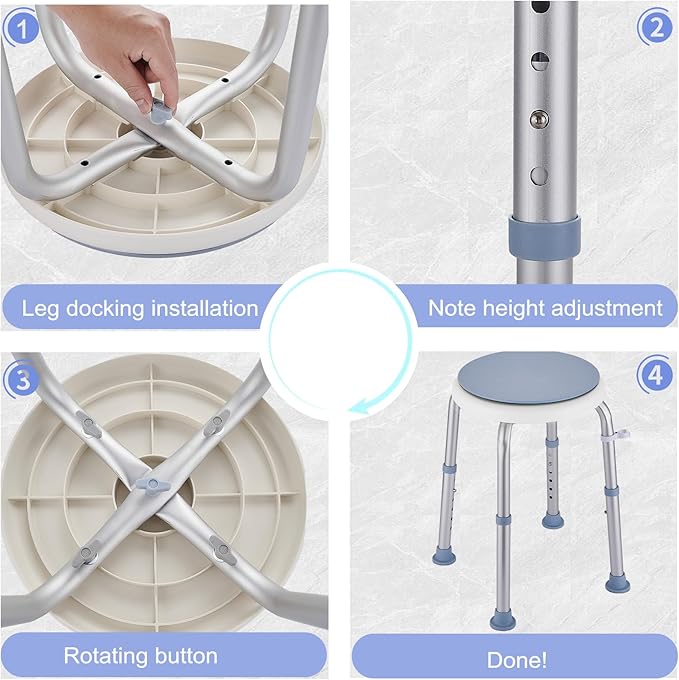 Shower Stool Chair for Inside Shower, 360° Swivel Shower Seat Stool for Bathroom, 300LB Small Corner Stool for Seniors Adult, 6-Level Adjustable Height Bath Chair for Inside Tub