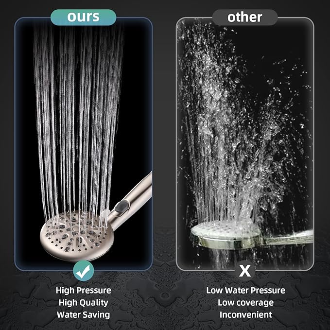 Cobbe 9-Function Shower Head with Built-in Power Spray, 1.8 GPM Water Saving ON/OFF Toggle Switch, High Pressure Handheld Showerhead with 1-Click Pause Button, Brass Bracket & 6ft Hose, Brushed Nickel