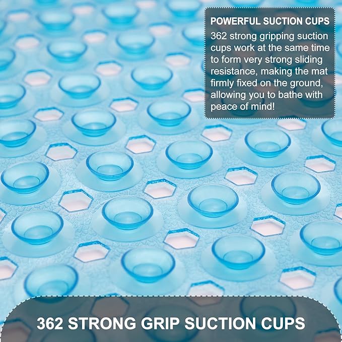 TEESHLY Bath Tub and Shower Mats, Non Slip 40 x 16 Inch Extra Large Bathtub Mat, Machine Washable Bathmat with Drain Holes, Suction Cups for Bathroom Floor, Clear Blue
