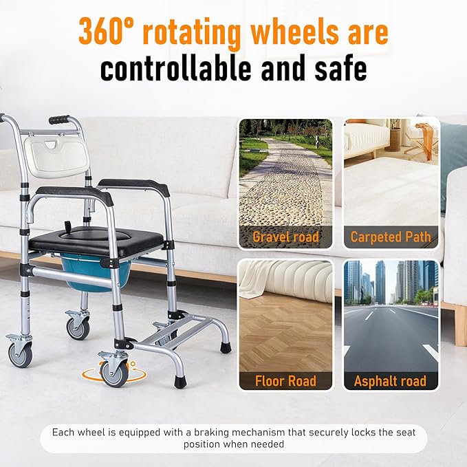 Shower Chair with Wheels Aluminum Alloy 4 in 1 Foldable Height Adjustable Shower Wheelchair, Sturdy Rolling Shower Chair with Large Commode for Seniors (White)