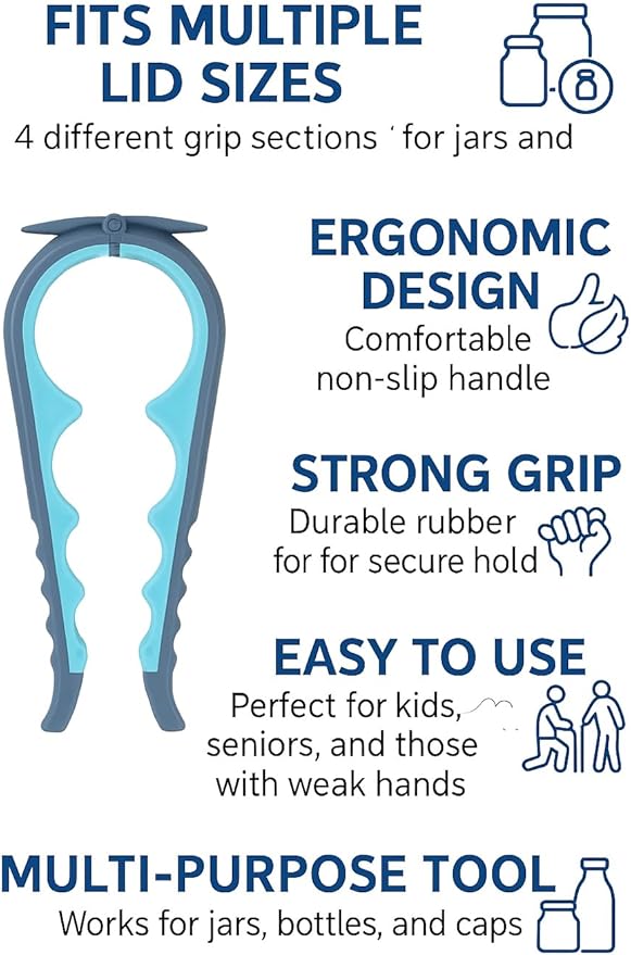 Jar Opener Bottle Opener and Can Opener for Weak hands - Seniors with Arthritis and Anyone with Low Strength - Mutil Jar Opener Get Lids Off Easily - Blue and Grey