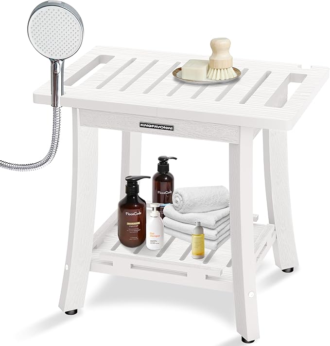 KingPavonini HDPS Shower Benches for Inside Shower to Sit on, Waterproof Shower Stool for Shaving Legs, 400LBS Shower Seat with Storage Shelf, Shower Chair for Inside Shower