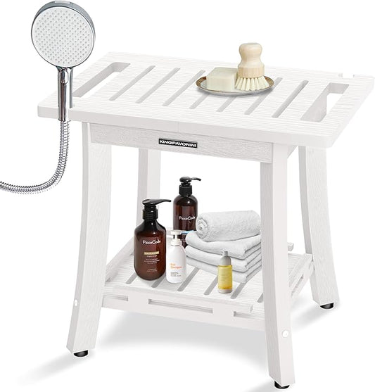 KingPavonini HDPS Shower Benches for Inside Shower to Sit on, Waterproof Shower Stool for Shaving Legs, 400LBS Shower Seat with Storage Shelf, Shower Chair for Inside Shower