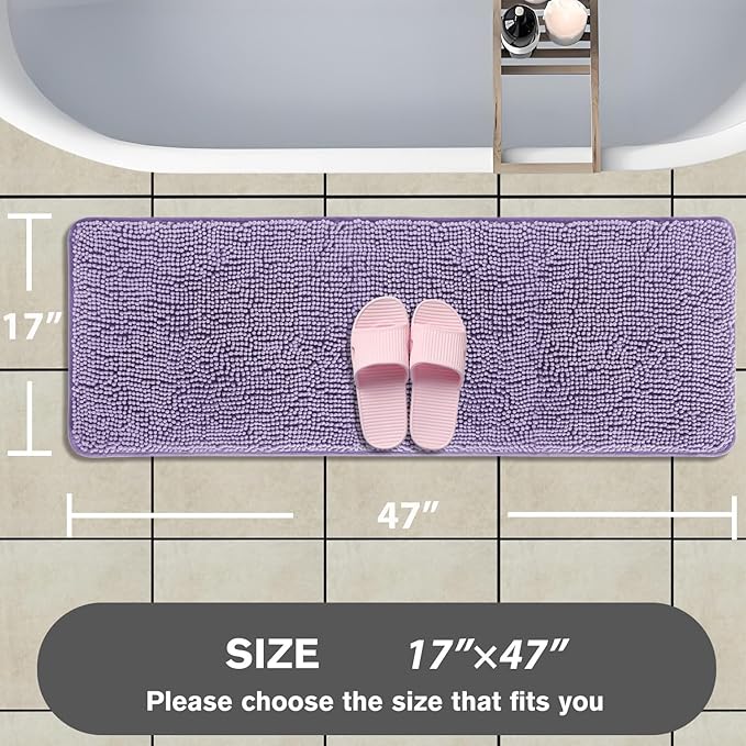 Bathroom Runner Rug 47 x 17 Inch – Long Bath Mat | Absorbent and Washable Thick Chenille Bath Rug Non-Slip Runner Rug for Bathroom, Shower, Sink(Lavender)