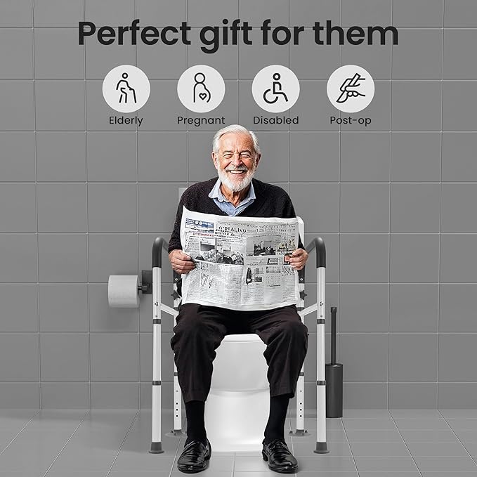 Careboda Toilet Safety Rails, Toilet Frame for Seniors, Elderly & Disabled, Toilet Rails Adjustable, Foldable Toilet Handles, Non-Slip Foot Mats, Easy to Store, Fit Any Toilets, 300lbs Capacity