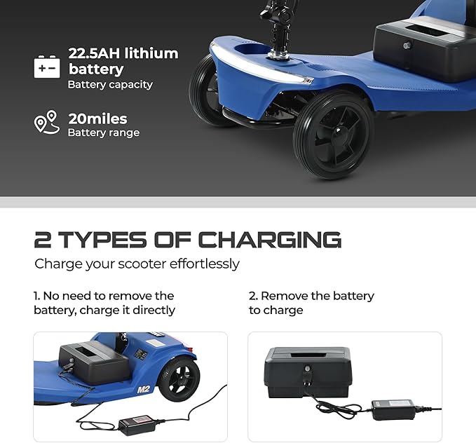 Metro Mobility 4 Wheel Powered Mobility Scooters, 330 lbs Capacity Mobility Scooters for Adults, Folding Mobility Scooter Lightweight, Electric Scooters for Seniors 20 Miles Range LED Light Blue