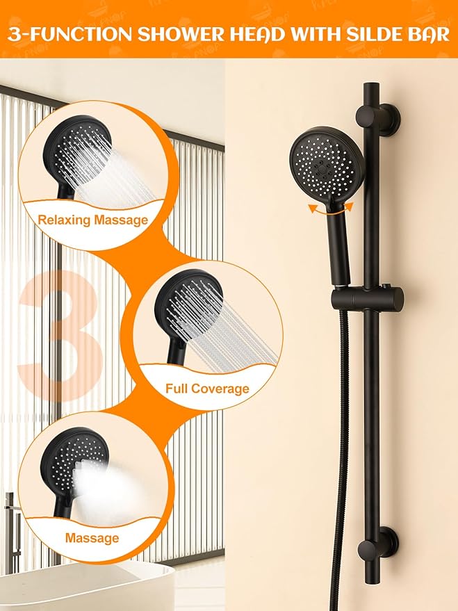 Handheld Shower Head with Slide Bar, 2.5GPM High Pressure 3-Function Adjustable Handheld Shower Head with 59-Inch Hose and Adjustable Holder (Matte Black)