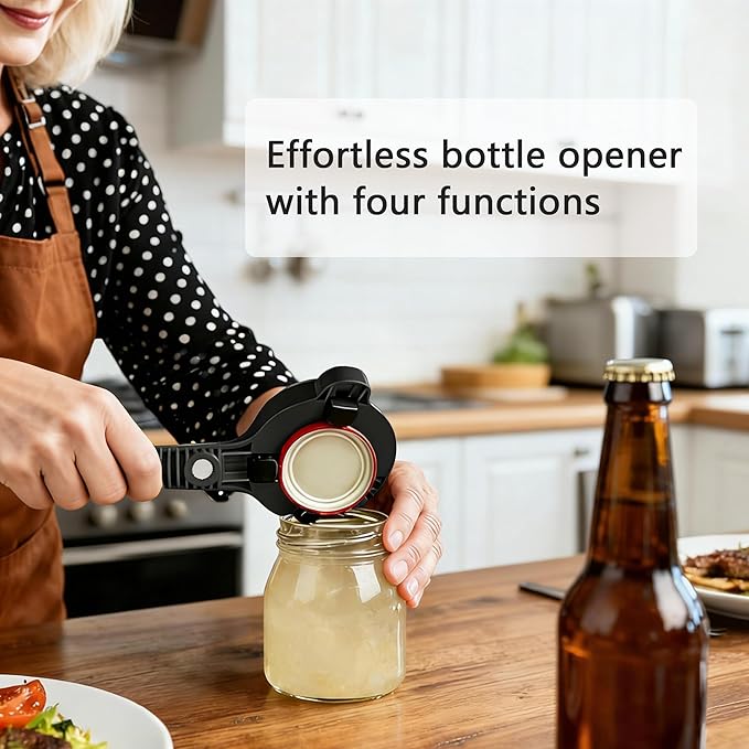 4-In-1 Jar Opener, Adjustable Stainless Steel Ergonomic Jar Opener Tool For Seniors, Bottle And Jar Openers For Arthritic Hands, Can Openers For Beer, Sauces, And Canned Goods (Black)