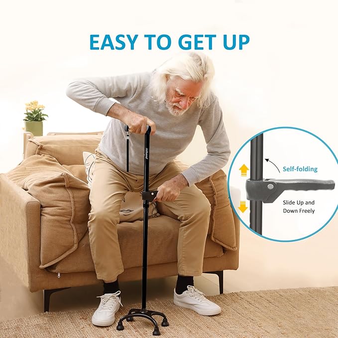 Rehand Quad Cane, Walking Cane with Ergonomic Handle Ever and Graceful 4-Pronged Base for Extra Stability, Adjustable Walking Sticks for Right or Left Handed Men & Women and Seniors