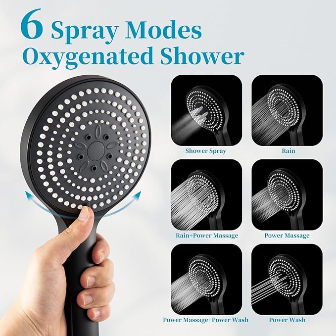 OFFO Matte Black Handheld Shower Head, 6-Mode High Pressure, 5" Large Face, Chrome Plated Finish, Includes Shower Head, Washers, Water Saving Gasket
