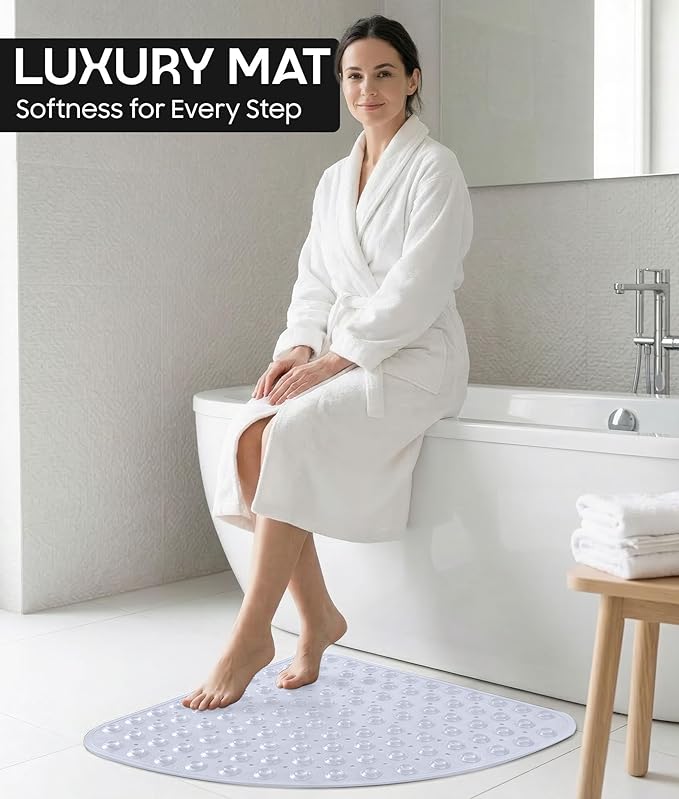 ADOV Corner Shower Mat Non Slip, 21x21 inch Curved Shower Mats for Inside Shower, Anti-Slip Bath Mat with Strong Suction Cup, Drain Holes, Machine Washable, Ideal for the Elderly (Clear)