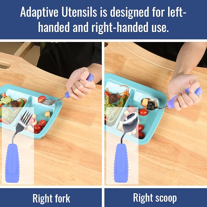 Adaptive Utensils Set – Ergonomic Angled Fork & Spoon for Parkinson's, Tremors, and Stroke Recovery – Weighted Utensils for Hand Tremors, Non-Slip Silicone Grip, Dishwasher Safe