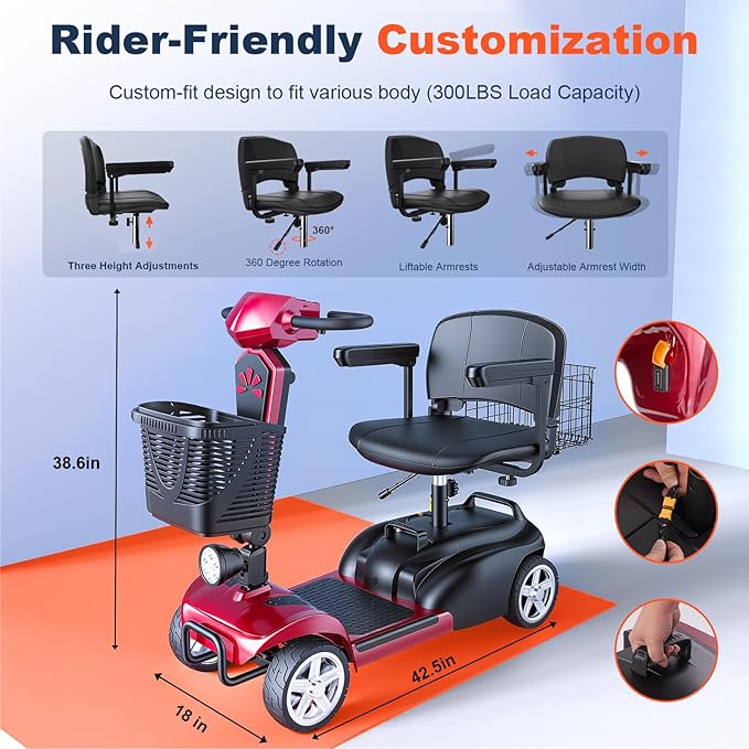 15/25/30/50Miles Eldryvon 4 Wheels Electric Mobility Scooter for Seniors, Dual Basket, 350W Powered Wheelchair with Rotating Seat, Mirrors, Foldable Motorized Scooter for Adults (Red, 50Miles)