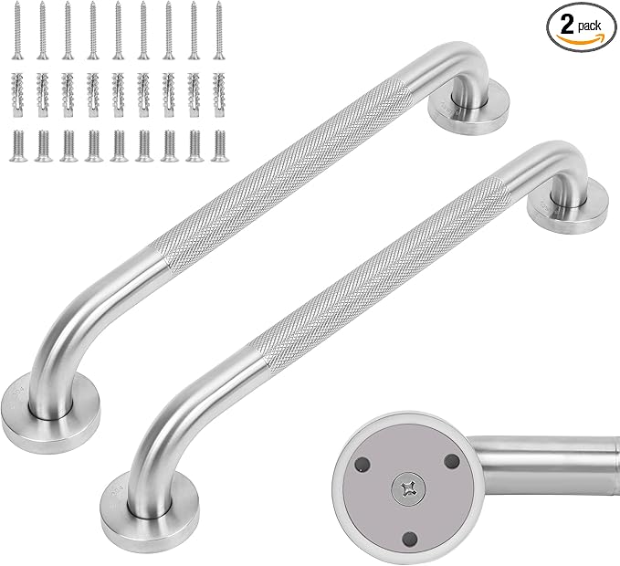 2 Pack Shower Grab Bars for Seniors, 24 Inch Extended Wall Mounted Handicap Grab Bars, Knurled Bathroom Balance Bar,Durable Brushed Stainless Steel Safety Rail for Full Support to 500lbs