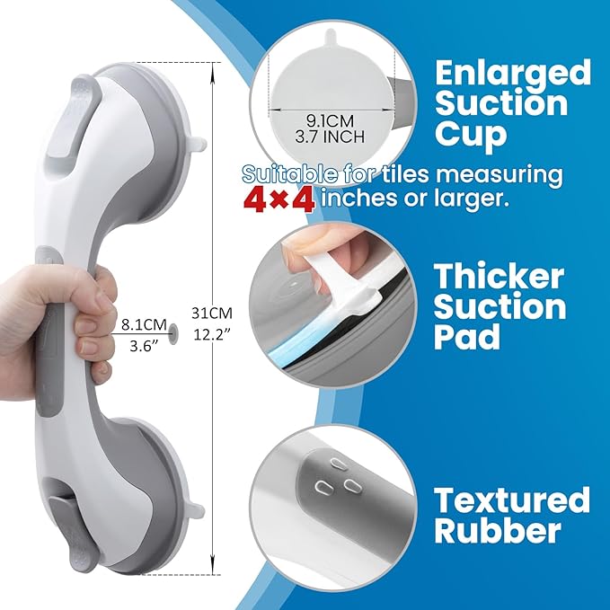 LEVERLOC Shower Grab Bar, 12 Inch Suction Grab Bars for Bathtubs, Shower Handle Handrail for Seniors Bathroom Safety Grip for Elderly, Heavy Duty No Drilling Removable,Grey