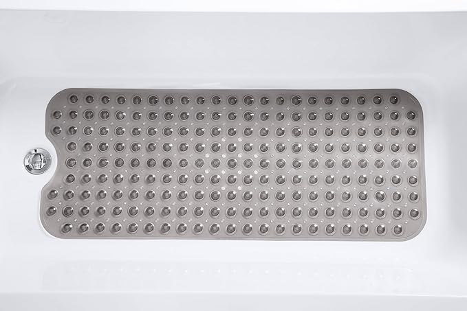 Extra-Long Non-Slip Bathtub & Shower Mat 39”x16” (Smooth/Non-Textured Tubs Only) Safe, Clean, Machine-Washable, Superior Grip&Drainage, Vinyl, Transparent Gray (Grey)