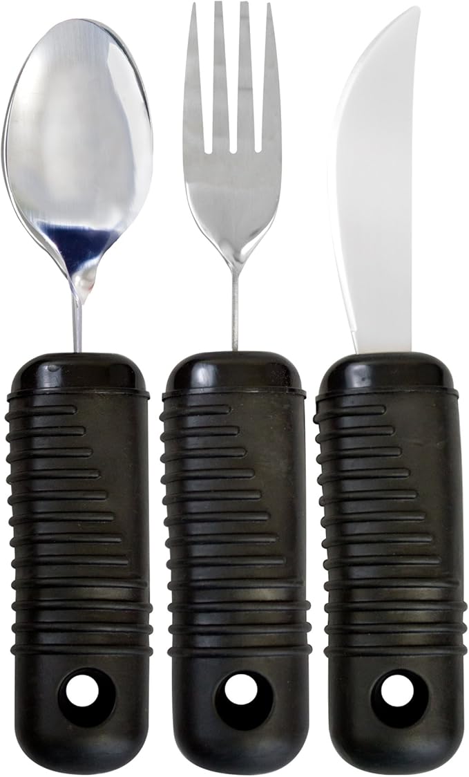 Essential Medical Supply Adaptive Utensil Set with Built Up Handles - Bendable Fork, Spoon, and Rocker Knife with Large Soft Handles for Arthritis, Orthopedic Recover and Elderly Individuals