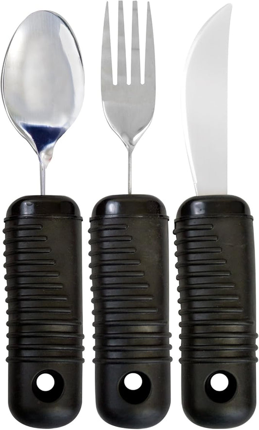 Essential Medical Supply Adaptive Utensil Set with Built Up Handles - Bendable Fork, Spoon, and Rocker Knife with Large Soft Handles for Arthritis, Orthopedic Recover and Elderly Individuals