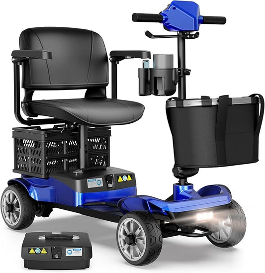 Mobility Scooter for Adults with Spare Battery – 24.8 Miles Total Range, 4-Wheel Foldable Portable Motorized Scooter, 330 lbs Capacity, Dual Baskets, Cup & Phone Holder, Blue