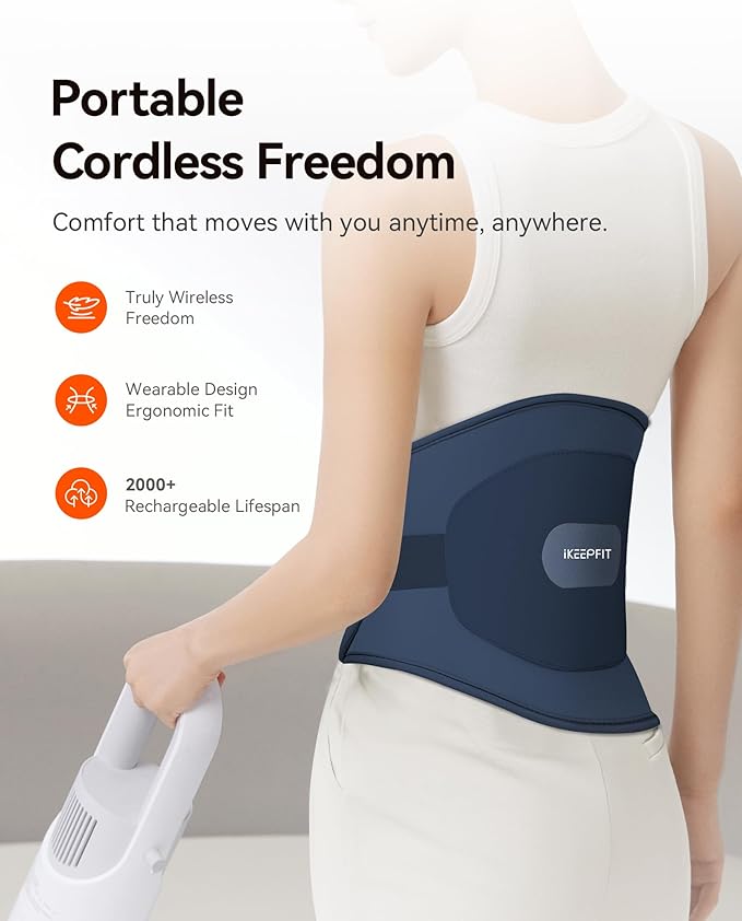 IKEEPFIT Portable Heating Pad for Back, Cordless Wearable Heat Belt with Massager for Lower Back Pain Relief, Battery Powered 8000 mAh Rechargeable, MAXwarm® 3.0, Gift for Women Men 90-310 lbs