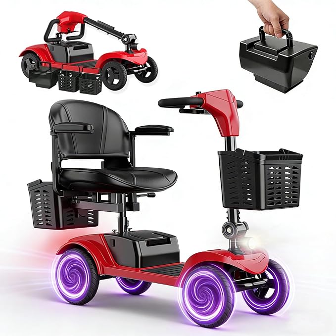 Mobility Scooter for Seniors,Motorized Scooter,Electric Scooter for Adults 300 lbs,Detachable Battery,Dual Baskets and Rear Tail Lights(Red)