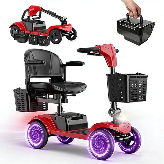 Mobility Scooter for Seniors,Motorized Scooter,Electric Scooter for Adults 300 lbs,Detachable Battery,Dual Baskets and Rear Tail Lights(Red)