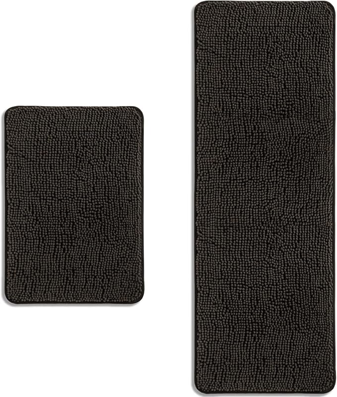 Bathroom Rugs Sets 2 Piece – Absorbent and Washable Bath Mat, Non-Slip, Thick Soft Chenille Bath Rugs for Bathroom Floor, Shower, Sink(17" x 24"+17" x 47", Chocolate Brown)