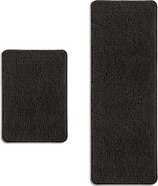 Bathroom Rugs Sets 2 Piece – Absorbent and Washable Bath Mat, Non-Slip, Thick Soft Chenille Bath Rugs for Bathroom Floor, Shower, Sink(17" x 24"+17" x 47", Chocolate Brown)