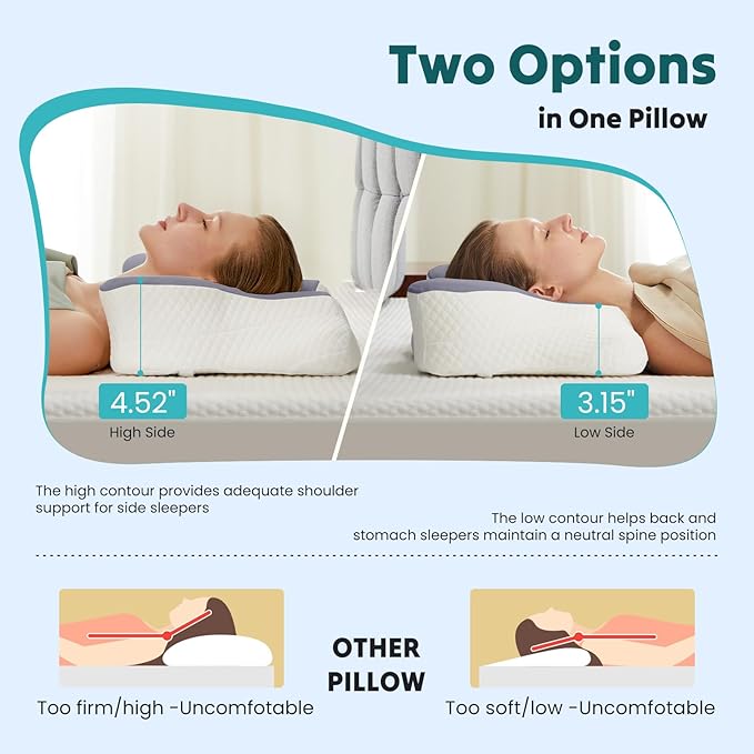 DUMOS Cervical Neck Pillow, Cooling Ergonomic Memory Foam Pillows for Neck Pain Relief with Breathable Pillowcase, Dual Height Orthopedic Support Contour Pillow for Side, Stomach Sleepers, Dark Grey