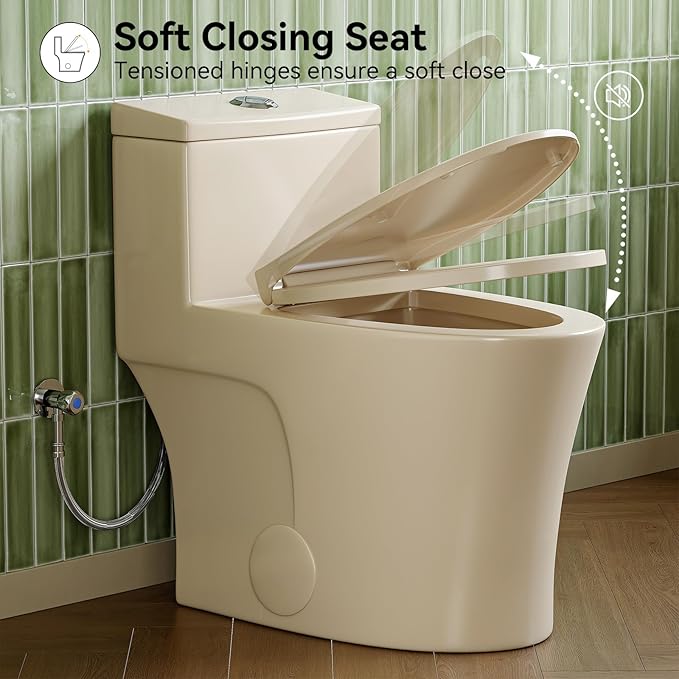 HOROW T0338WBC Elongated One Piece Toilet Bisque, ADA Toilet 17.3" with Comfortable Chair Height Seat, Modern Toilet for Bathroom, Dual Flush 0.8/1.28 GPF, 12" Rough-in Toilet Bowl Bisque