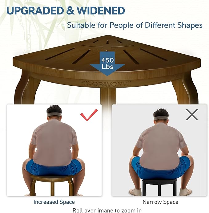 KingPavonini Bamboo Corner Shower Stool for Shaving Legs Foot Rest, Waterproof Bath Bench Seat with Storage Shelf for Bathroom Inside Shower, Hold Up to 450Lbs