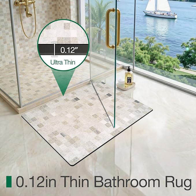 LUMI Ultra Thin Bath Mat, Super Absorbent Quick Dry Bathroom Rugs, Non-Slip Bathroom Mats, Marble Bathmats Fit Under Door, Bathtub, Sink, Shower Room, 24"x36", Beige Checkered