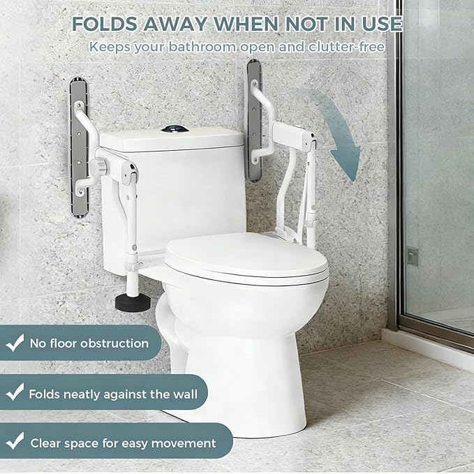 AbyssZen Folding Toilet Safety Rails - Adjustable Bathroom Support Frame with Foldable Arms for Elderly, Seniors, Post-Surgery Recovery, and Pregnant Women - Tool-Free Installation, Sturdy Grab Bar
