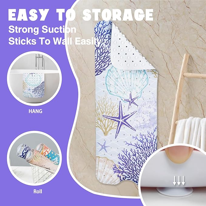 Ocean Bathtub Mat Non Slip, Cute Baby Bath Mat for Tub Rubber Tub Mat, Coral Seashells Toddler Kids Bath Mats for Bathroom Anti Slip Shower Mat with Suction and Drain Holes Machine Washable, 40″x16″