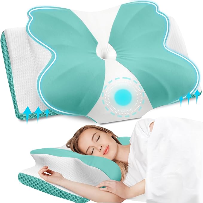 CloudBliss Cervical Memory Foam Pillow for Neck and Shoulder, Contour Neck Support Pillow with Cooling Case, Ergonomic Bed Pillow, Support for Side Back Stomach Sleepers (Green, Standard Size)