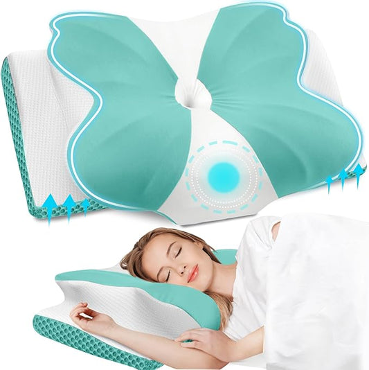 CloudBliss Cervical Memory Foam Pillow for Neck and Shoulder, Contour Neck Support Pillow with Cooling Case, Ergonomic Bed Pillow, Support for Side Back Stomach Sleepers (Green, Queen Size)