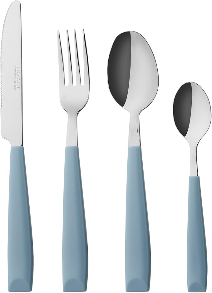 EXZACT 16-Piece Flatware Set for 4 – Colored Stainless Steel Cutlery with Wide Plastic Handles – Comfortable Tableware: Forks, Knives, Spoons, Teaspoons