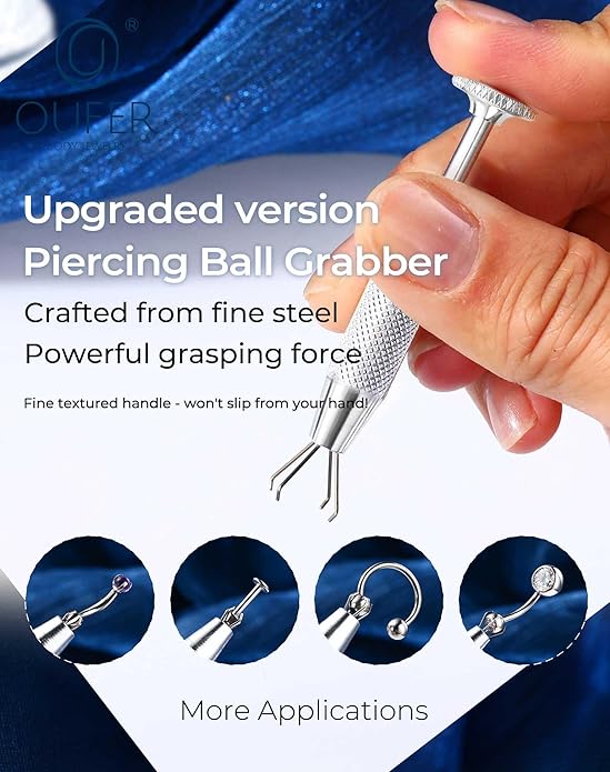 OUFER Piercing Ball Grabber, 16G 18G Flat Back Earrings Piercing Guide needle Tool, Surgical Steel Internally Threaded Push Pin External Thread Assistant Body Piercing Kit for Ear Nose Lip Tool