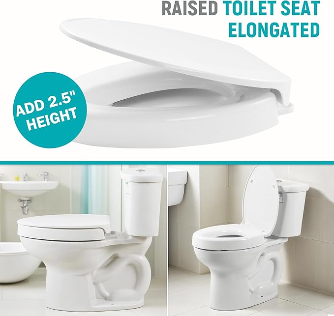 Elongated Toilet Seat Risers for Seniors, 2.5 Inch Elevated Toilet Seat with Slow Close, Non-Slip Raised Toilet Seat, 18.5" Fit for Elongated Toilet, White