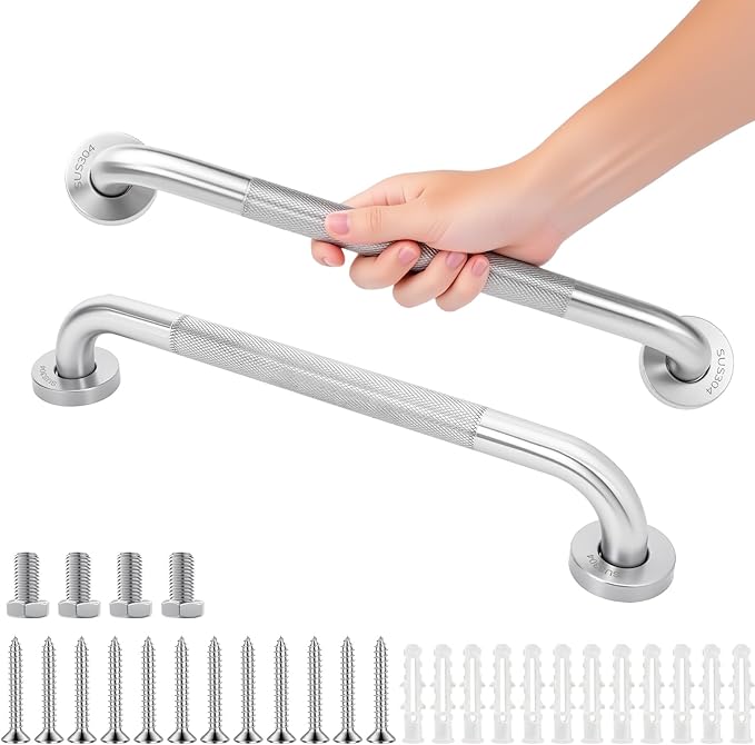 2-Pack, Shower Grab Bars & Bathtub Safety Handles - 304 Stainless Steel Textured Non-Slip Assist Rails for Anti-Fall Support in Tub, Shower, and Toilet Areas (Silver, 12 Inch)