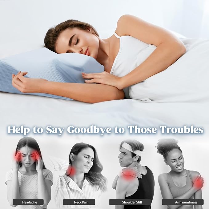 Cervical Pillow for Neck Pain Relief, Cooling Contour Memory Foam Pillows Support Odorless Ergonomic Neck Pillow Adjustable Orthopedic Bed Pillow for Side Back Stomach Sleeper,Modern Blue