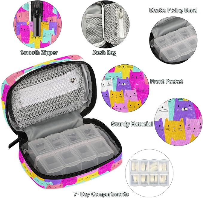 Weekly Travel Pill Organizer Case for Purse with Removable 7 Day Box Portable Compact Size Pill Box Fashionable Pill Container for Medicine Vitamin Supplement Colorful Cute Cat