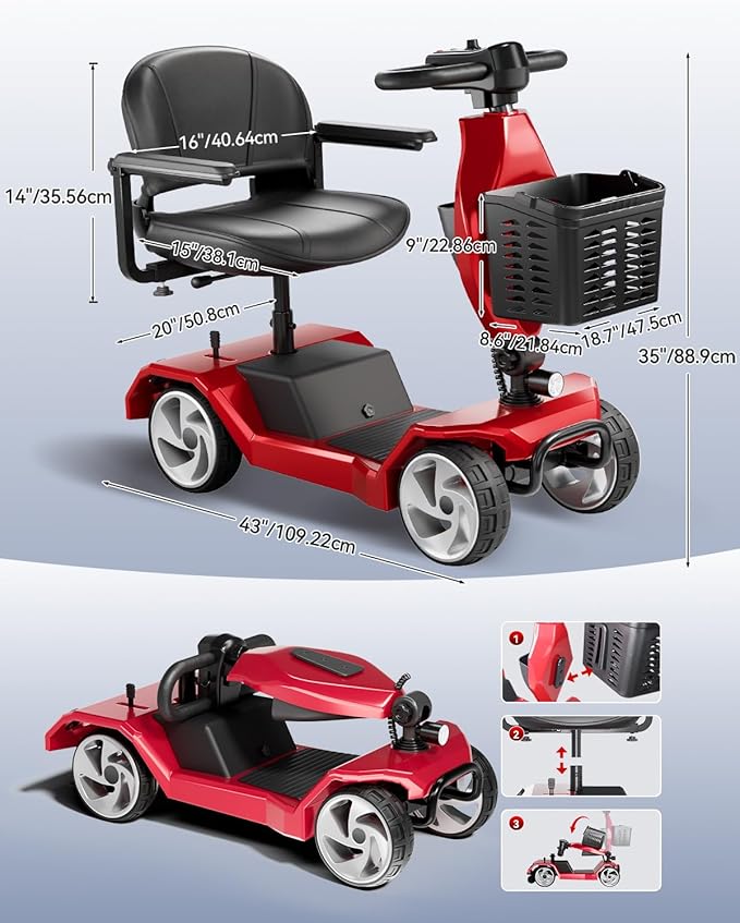 Foldable Mobility Scooters for Seniors, 4 Wheel Lightweight Mobility Scooters for Adults, Powered Electric Wheelchair, Mobility Scooter with Seat, Folding Travel Motorized Scooter - Red