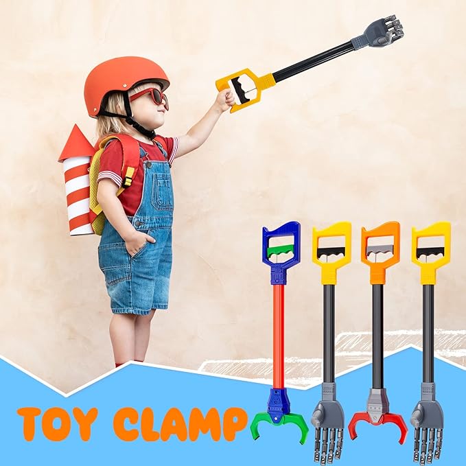 Lewtemi 4 Pcs Interactive Grabber Claw Robot Arm Pack Reacher Pickup Tool and Hand Eye Coordination Play, 18 Inch (Red,Blue,Gray)