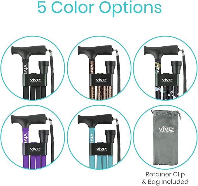 Vive Folding Cane - Foldable Walking Cane for Men, Women - Fold-up, Collapsible, Lightweight, Adjustable, Portable Hand Walking Stick - Balancing Mobility Aid - Sleek, Comfortable