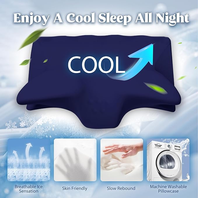 Cervical Pillow for Neck Pain Relief, Cooling Contour Memory Foam Pillows Support Odorless Ergonomic Neck Pillow Adjustable Orthopedic Bed Pillow for Side Back Stomach Sleeper,Modern Navy